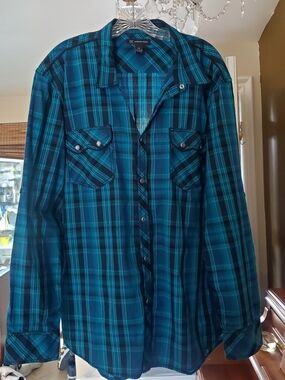 LSA Teal and Navy Plaid Long-Sleeve Button-Down Shirt